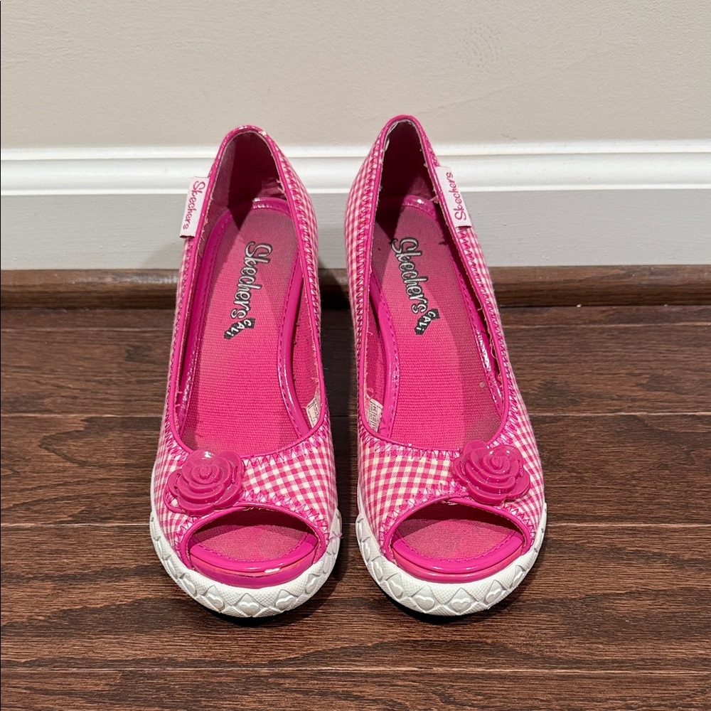 Skechers Pink Checkered Peep-Toe wedge Heels